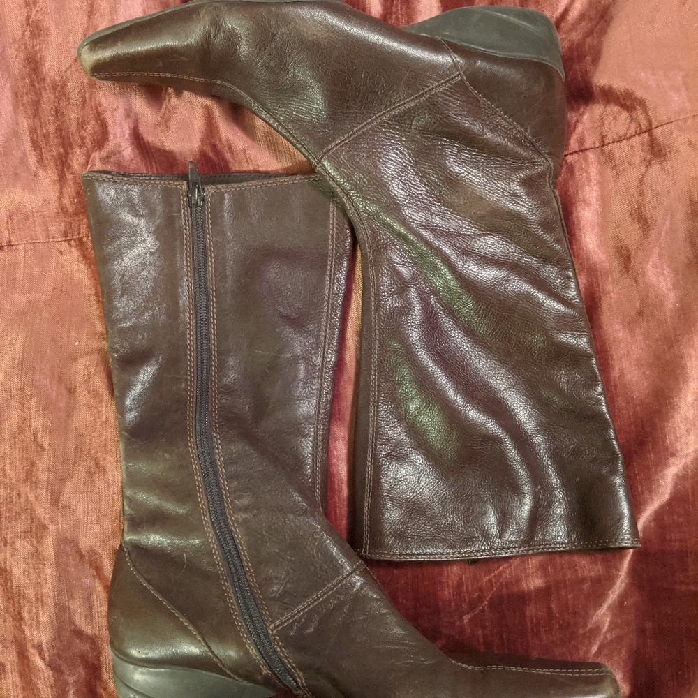 Rich brown leather mid calf flat boots